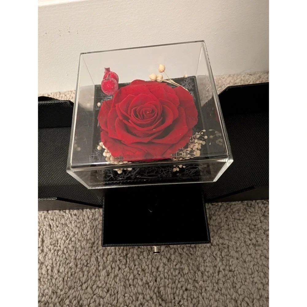 Preserved Red‎ Rose Gift Box w/ Drawer Jewelry Case | 